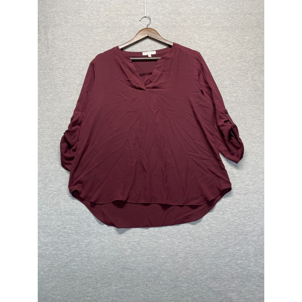 Chaus New York Blouse Top Women Large Maroon V Neck Roll Tab Sleeve High Low Hem